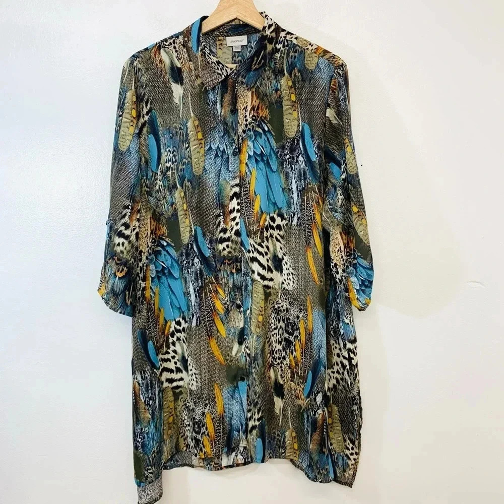 Avenue Blouse Woman 18/20 Button Up‎ Colorful Tropical Feathers Tunic Roll Tab